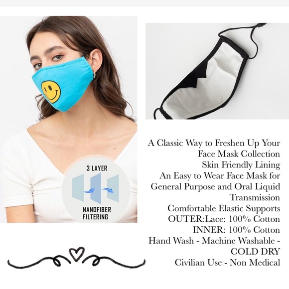 🆑 Blue Smile Face Mask Built In Filter & Nose Bar - Picture 8 of 11